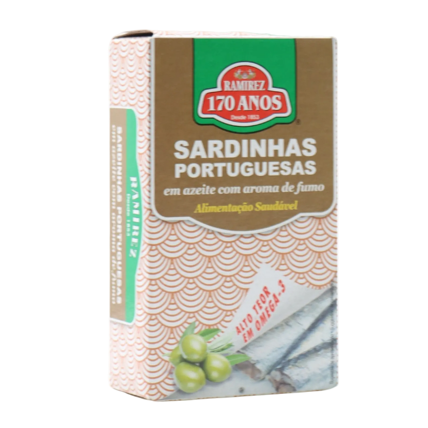 Packaging of Ramirez sardines with green and brown design on a white background
