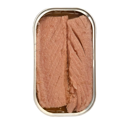 An open oval metal can of tuna fish with sliced pink tuna pieces visible inside, shown on a transparent checkerboard background.