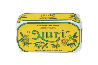 Nuri sardine packaging with yellow and green design on a white background