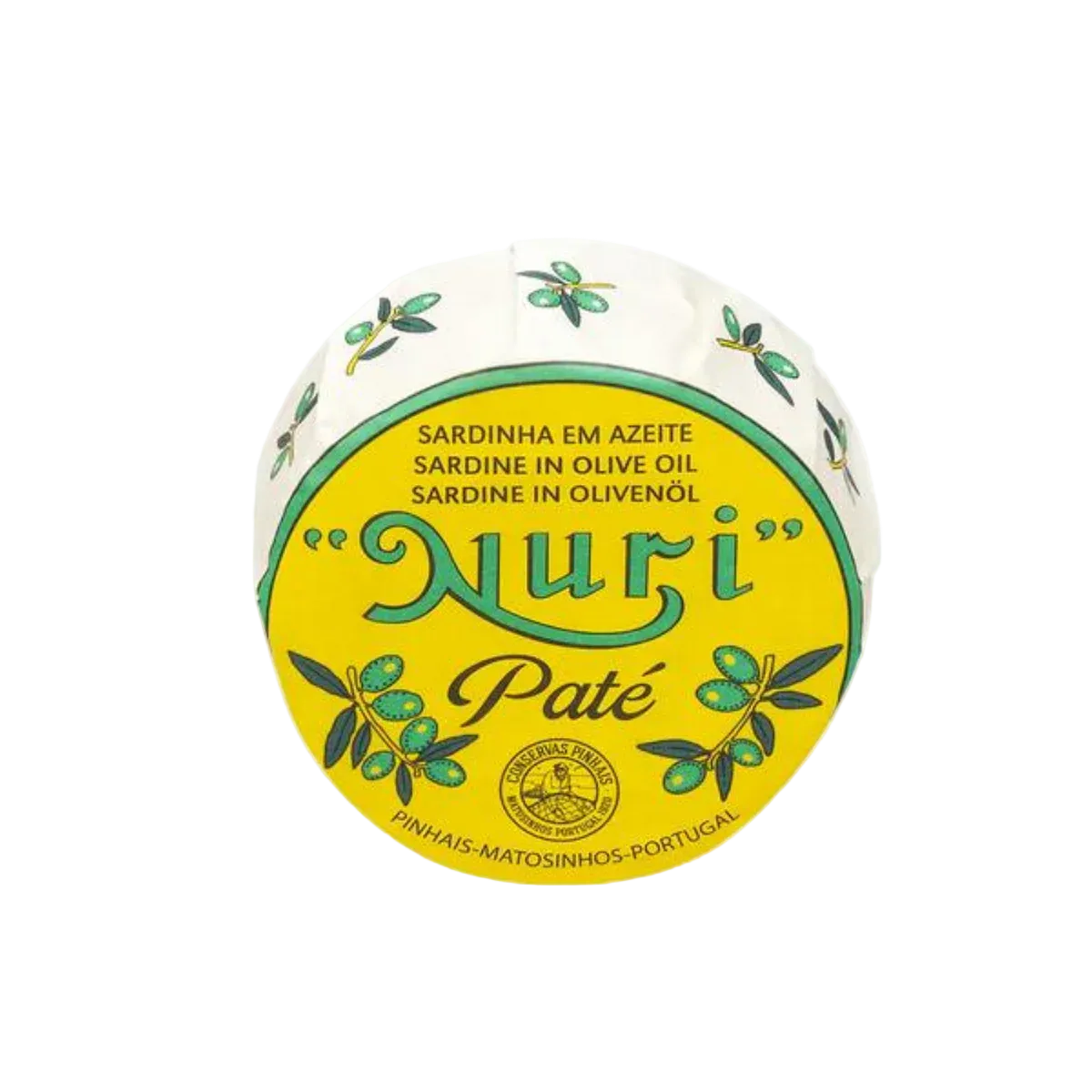 A round package of Nuri Pate Sardine in Olive Oil, featuring a bright yellow and white label with green olive branch illustrations on a plain white background.