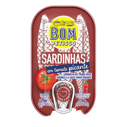 Bom Petisco sardine can packaging with tomato and fish design on a white background