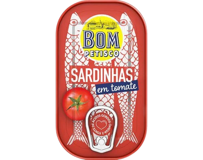 Sardine can with tomato on a white background