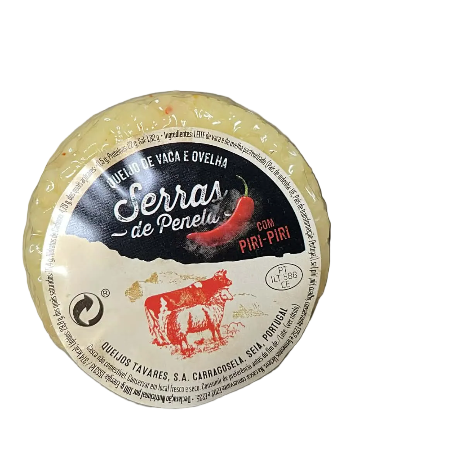 Round cheese with a label on a white background
