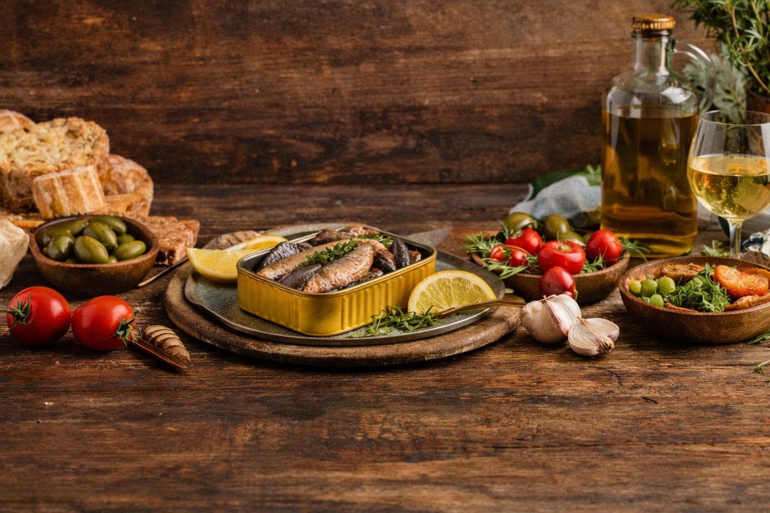 Assorted food items including fish, vegetables, and bread on a wooden table.