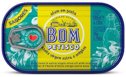 A can of Bom Pético brand tuna loin extra virgin olive oil and oregano, with a blue and yellow label, a heart-shaped cutlery, and a graphic of a tuna fish.