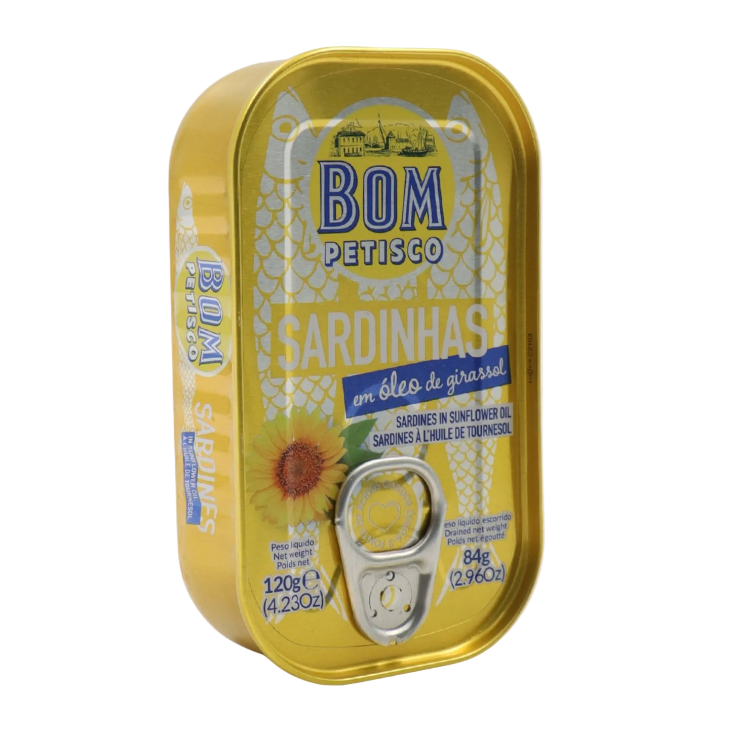 Can of sardines with 'Bom Petisco' branding on a white background