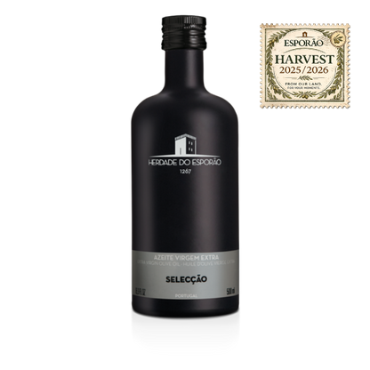 Black olive oil bottle with 'Herdade do Esporao' branding and a Harvest 2025/2026 label on a white background.