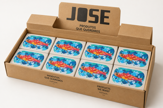 Illustrative 8-tin José Gourmet gift-box concept: eight sardines in extra virgin olive oil (120g each); packaging mockup.