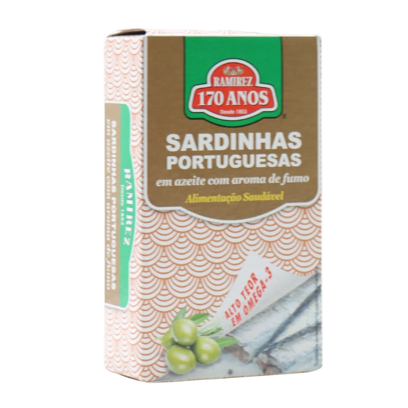 Packaging of Ramirez sardines with green and brown design on a white background
