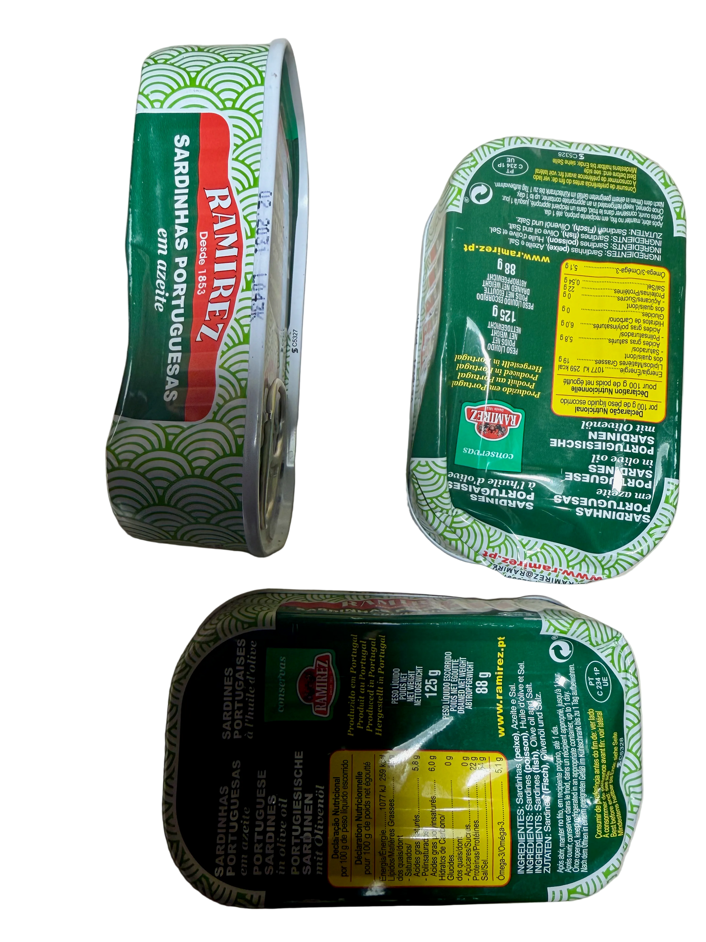 Three tins of Ramirez Sardinas Portuguesas on a light gray background