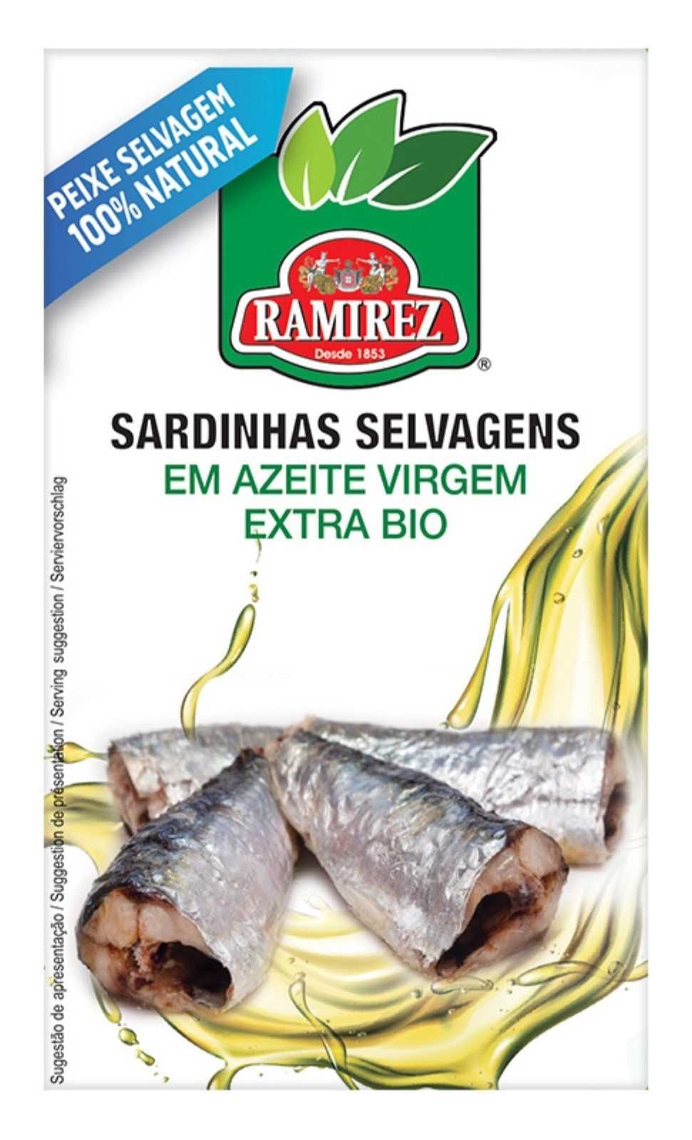 Packaging of Ramirez wild sardines in extra virgin olive oil with visible brand logo.