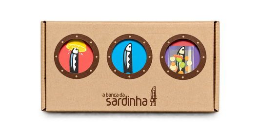 Sardinha 3-tin Portuguese sardines tasting gift box with olive oil, lemon and spicy pickles varieties